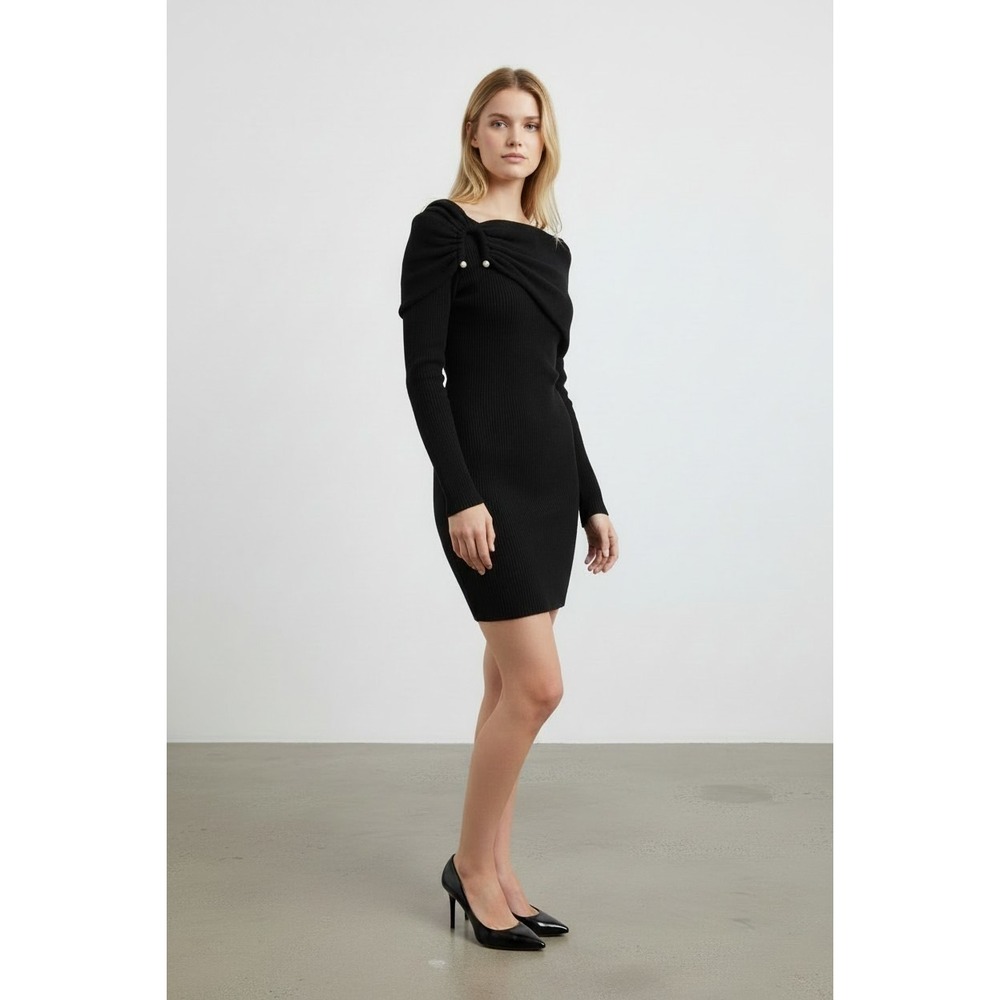Zara Long Sleeve Knit Mini Small Black Dress Metal Appliqué Off The Shoulder